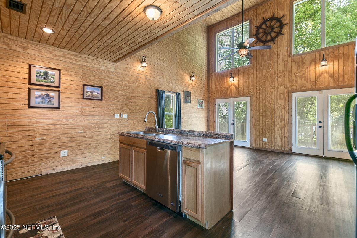 Interior, Kitchen, Recessed Lighting, Wooden Ceilings, Wood Texture Flooring, Wooden Walls