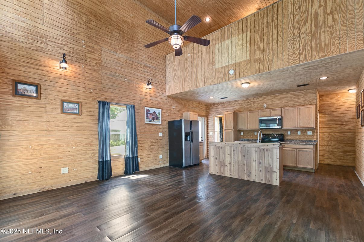 Interior, Kitchen, Recessed Lighting, Stone Walls, Wooden Ceilings, Wood Texture Flooring, Wooden Walls