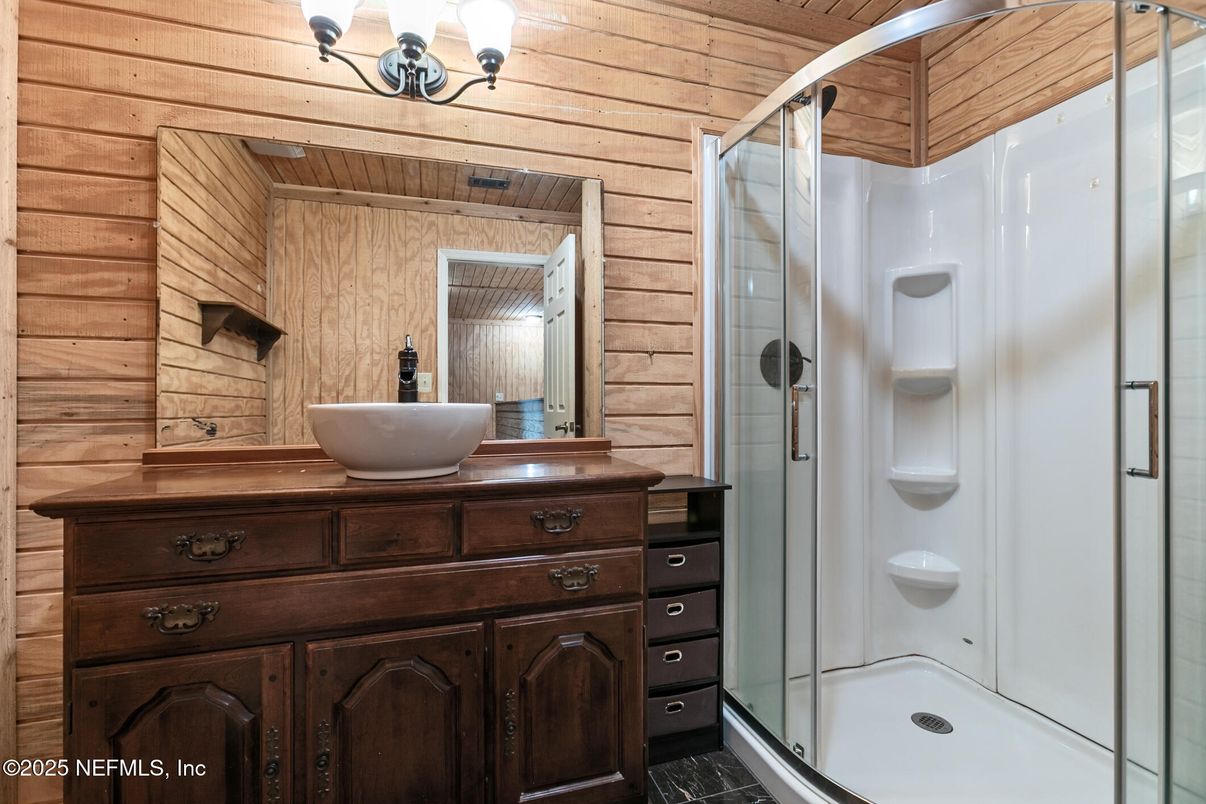 Bathroom, Glass Shower, Interior, Wooden Walls