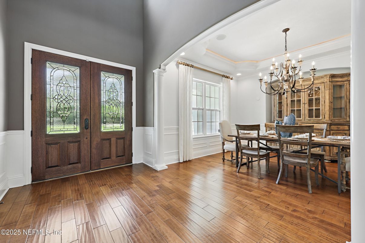 Chandelier, Dining room, Interior, Wood Texture Flooring