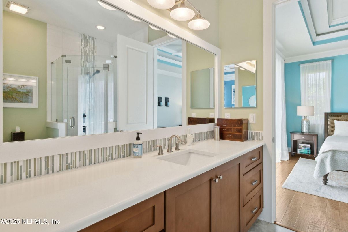 Bathroom, Glass Shower, Interior, Recessed Lighting, Wood Texture Flooring