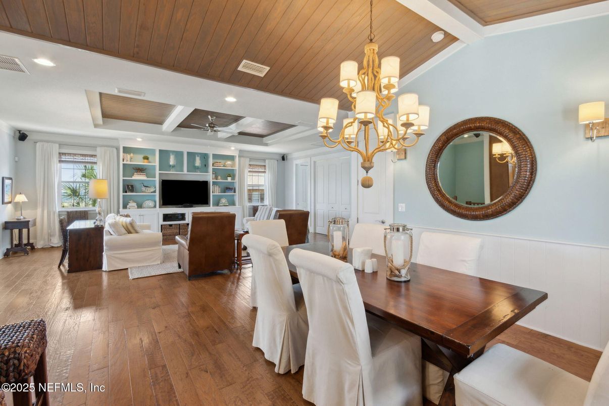 Chandelier, Dining room, Interior, Living room, Recessed Lighting, Wooden Ceilings, Wood Texture Flooring