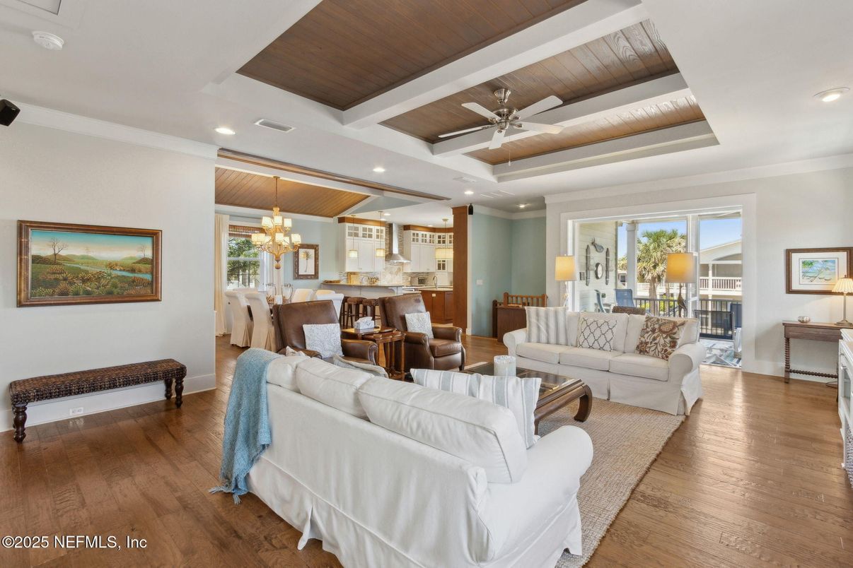 Chandelier, Dining room, Interior, Kitchen, Living room, Recessed Lighting, Wooden Ceilings, Wood Texture Flooring