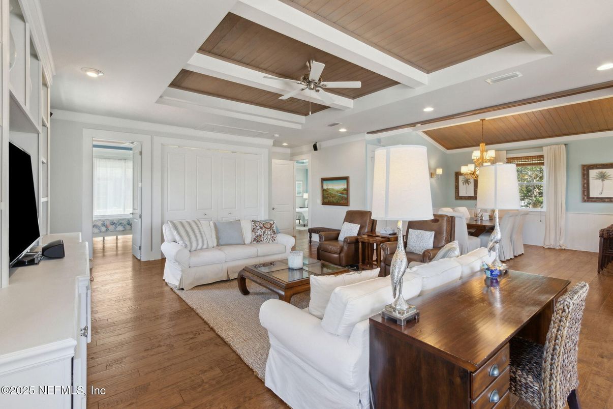 Chandelier, Dining room, Interior, Living room, Recessed Lighting, Wooden Ceilings, Wood Texture Flooring