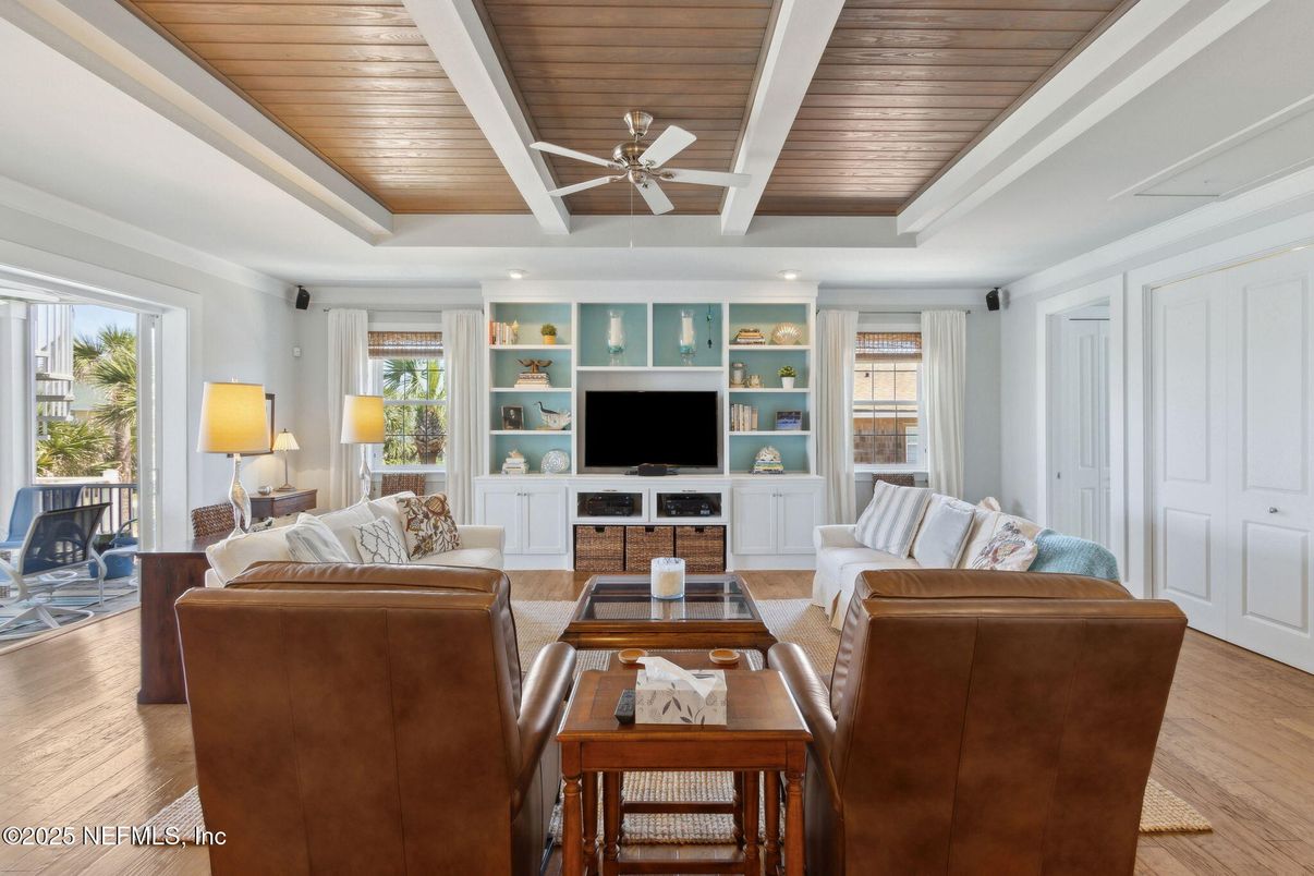 Fireplace, Interior, Living room, Recessed Lighting, Wooden Ceilings, Wood Texture Flooring