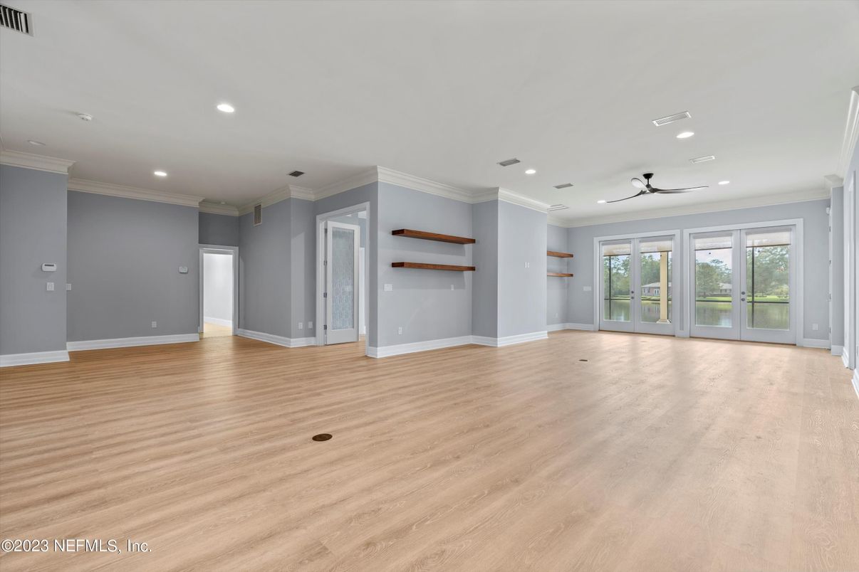 Empty room, Interior, Recessed Lighting, Wood Texture Flooring