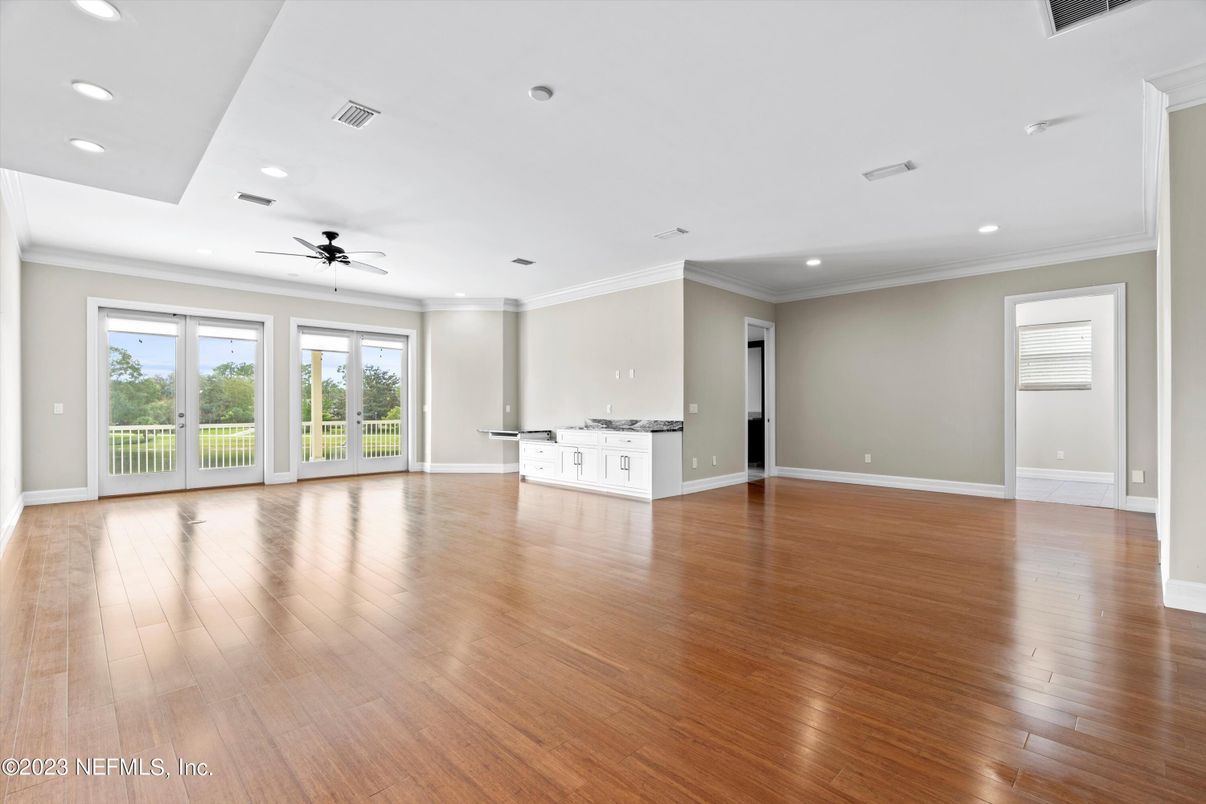Empty room, Interior, Kitchen, Recessed Lighting, Wood Texture Flooring