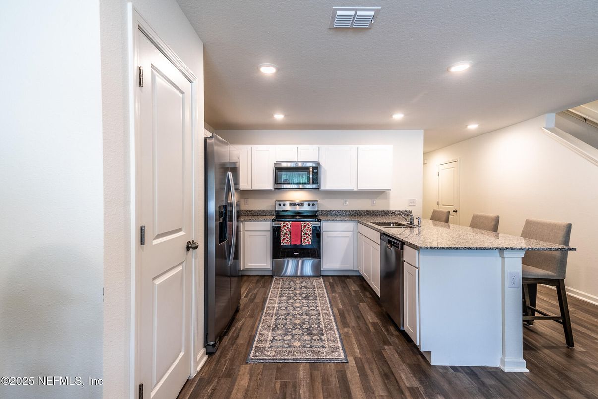 Interior, Kitchen, Recessed Lighting, Stainless Steel Appliances, Wood Texture Flooring