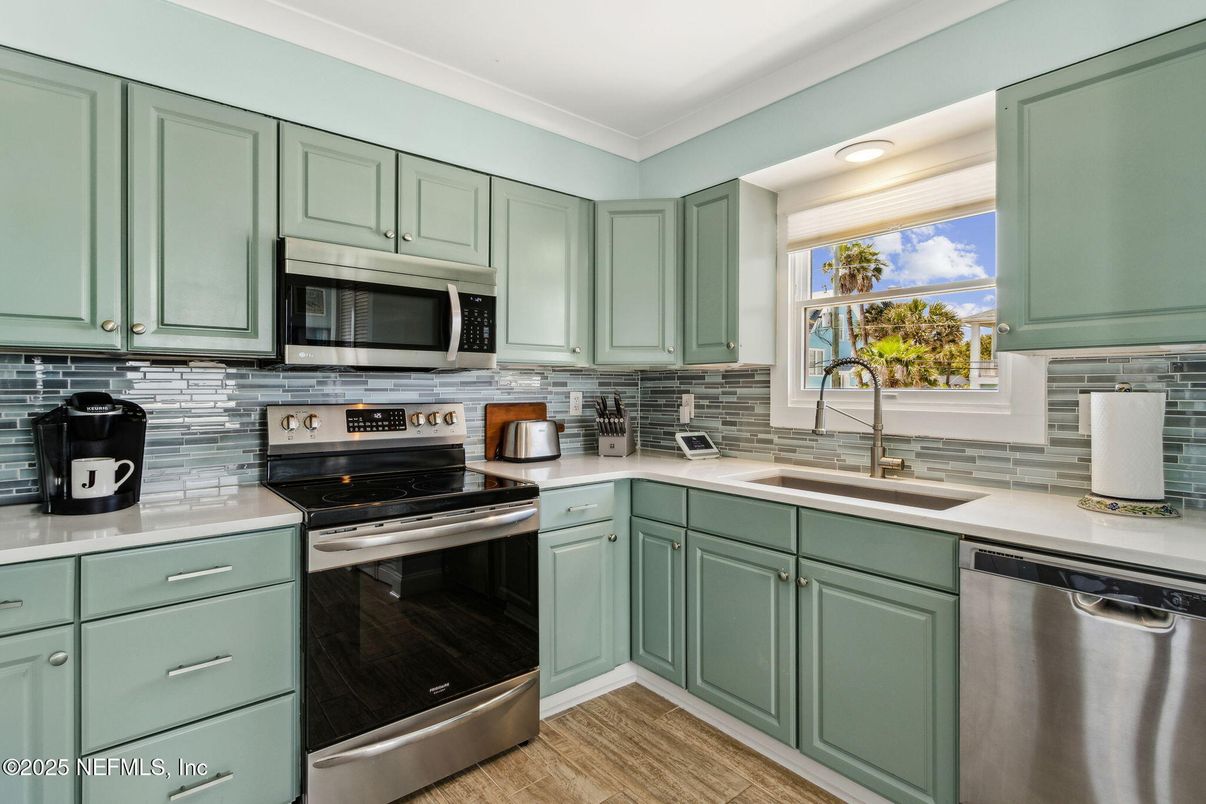Interior, Kitchen, Recessed Lighting, Stainless Steel Appliances, Wood Texture Flooring