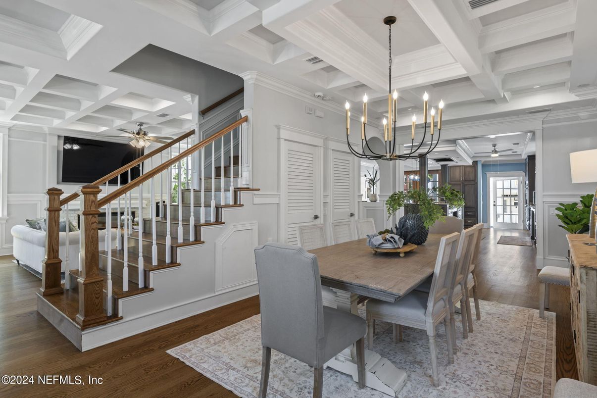 Chandelier, Dining room, Interior, Wood Texture Flooring