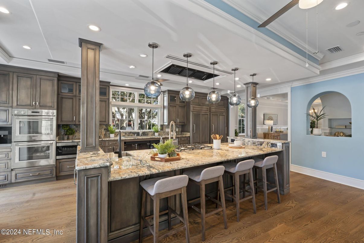 Interior, Kitchen, Pendant Lights, Recessed Lighting, Stainless Steel Appliances, Wood Texture Flooring
