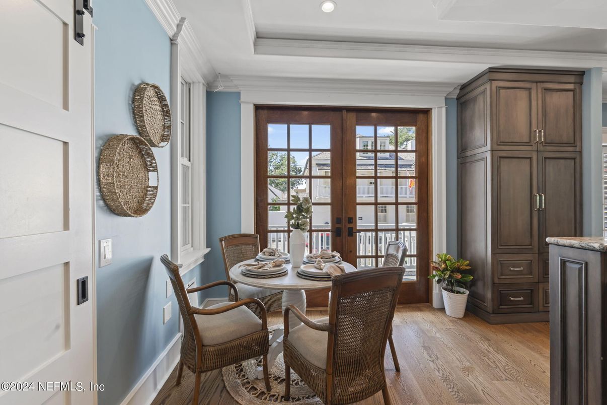 Dining room, Interior, Recessed Lighting, Wood Texture Flooring