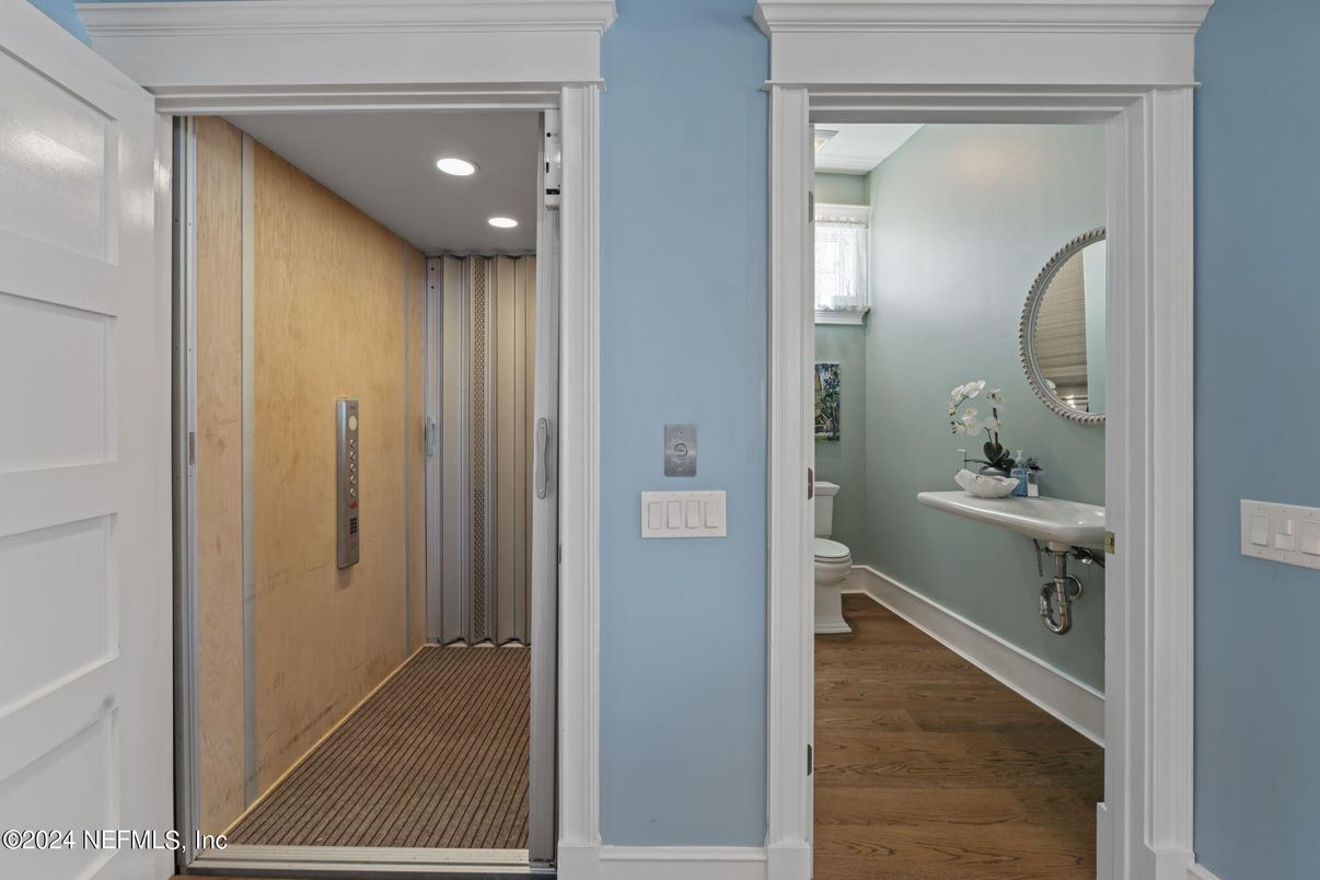 Elevator, Interior, Recessed Lighting, Wood Texture Flooring