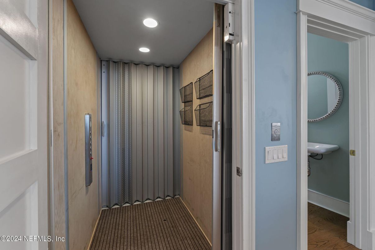 Elevator, Interior, Recessed Lighting, Wood Texture Flooring