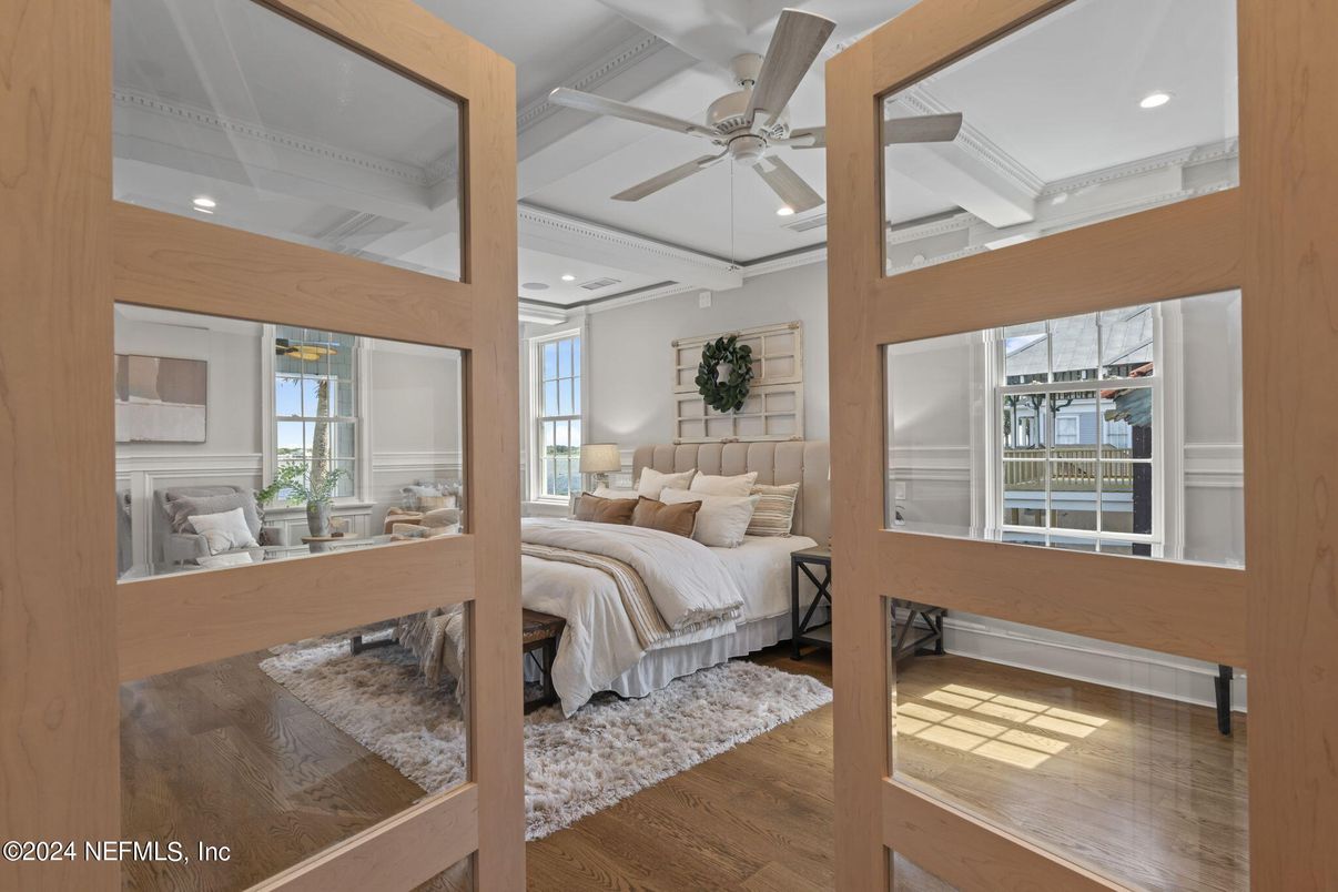 Bedroom, Interior, Recessed Lighting, Wood Texture Flooring