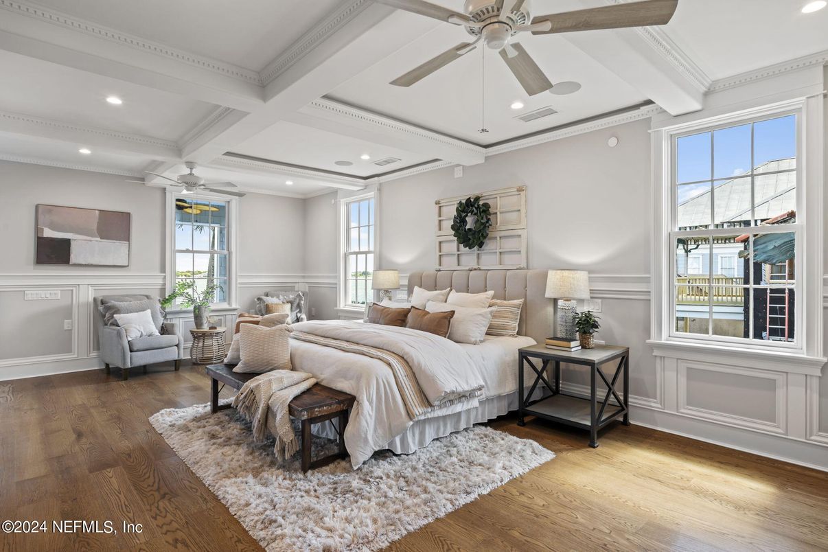Bedroom, Interior, Recessed Lighting, Wood Texture Flooring