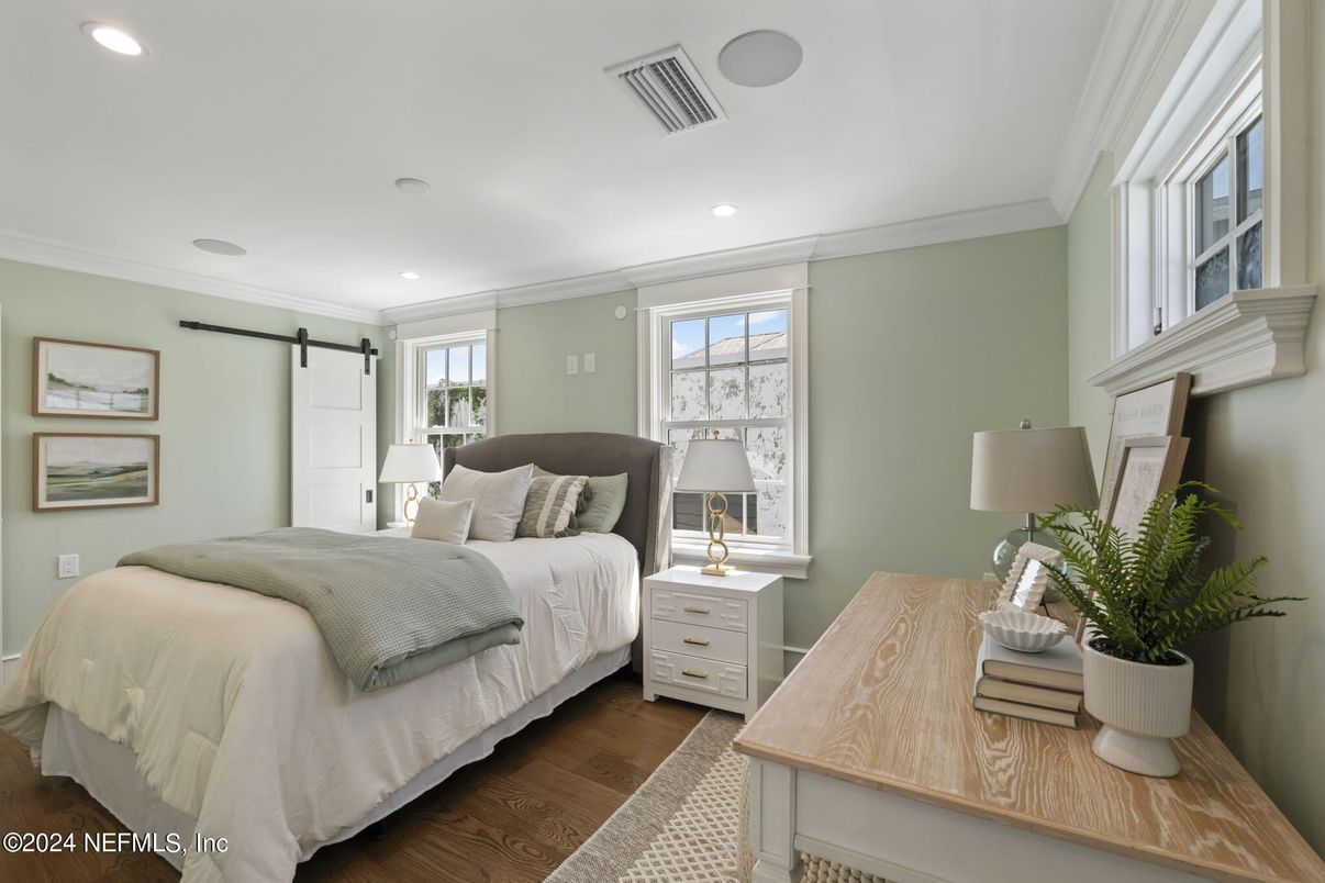 Bedroom, Interior, Recessed Lighting, Wood Texture Flooring