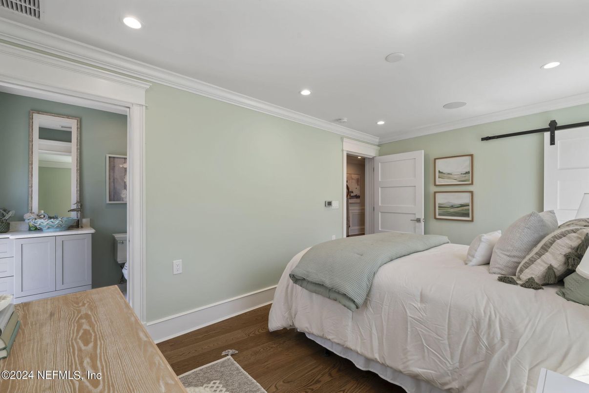 Bedroom, Interior, Recessed Lighting, Wood Texture Flooring