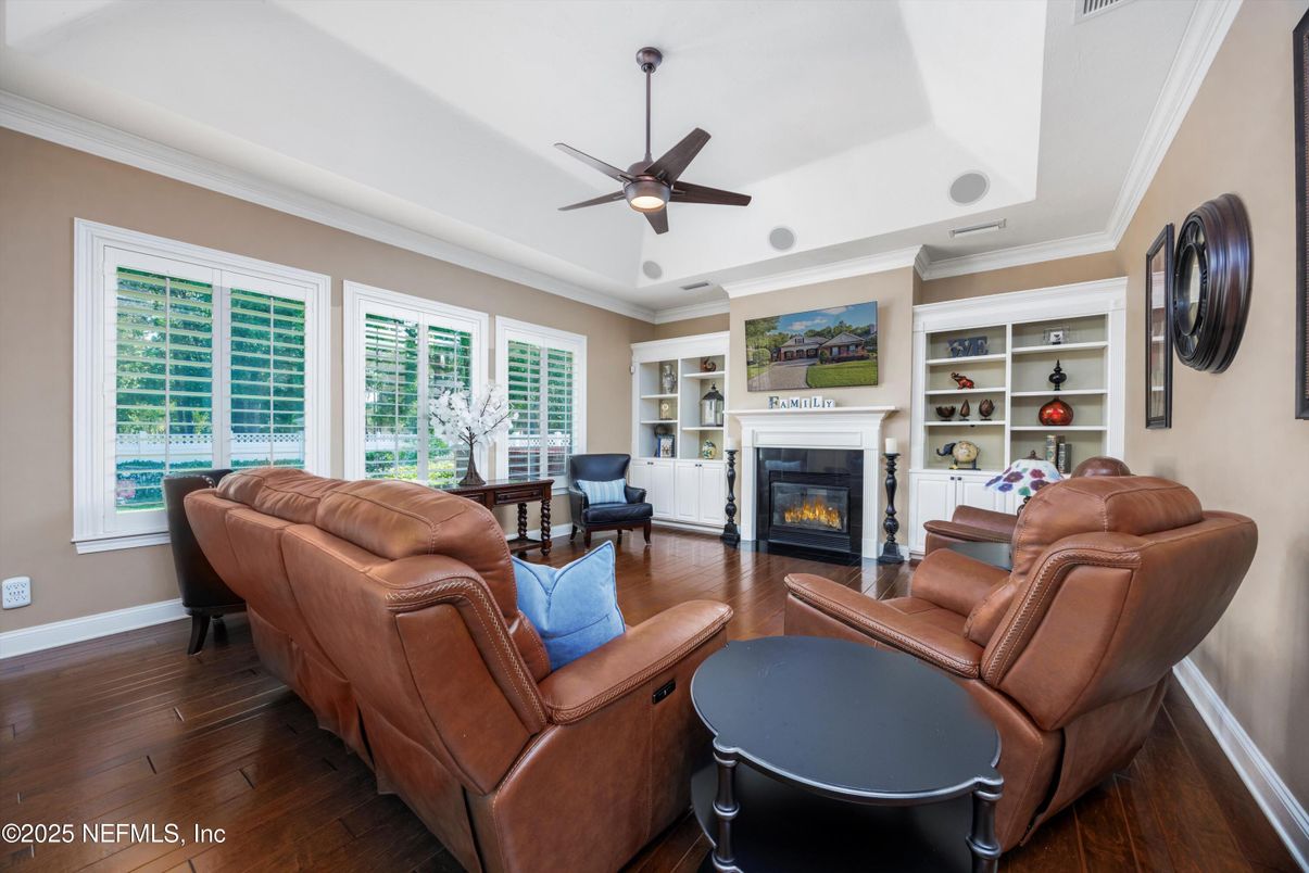 Fireplace, Interior, Living room, Recessed Lighting, Wood Texture Flooring