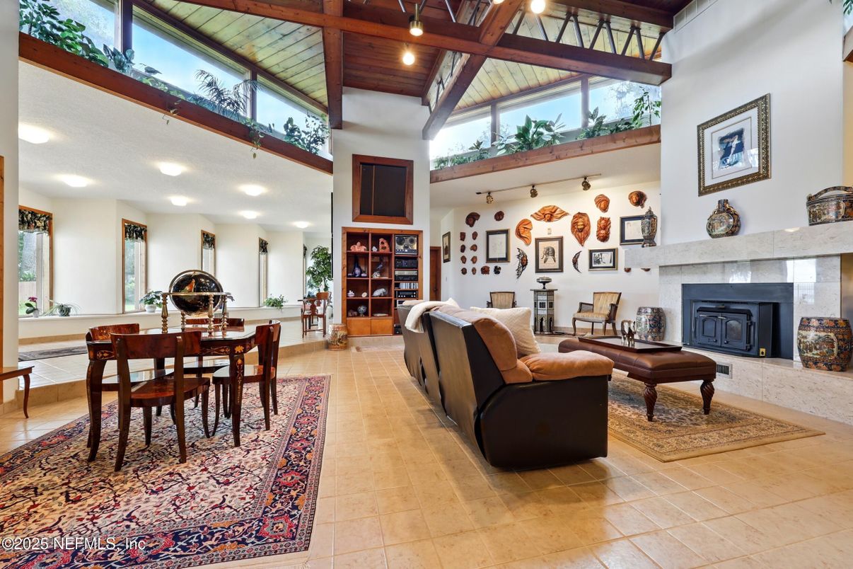 Dining room, Fireplace, Interior, Living room, Recessed Lighting, Wooden Beams, Wooden Ceilings
