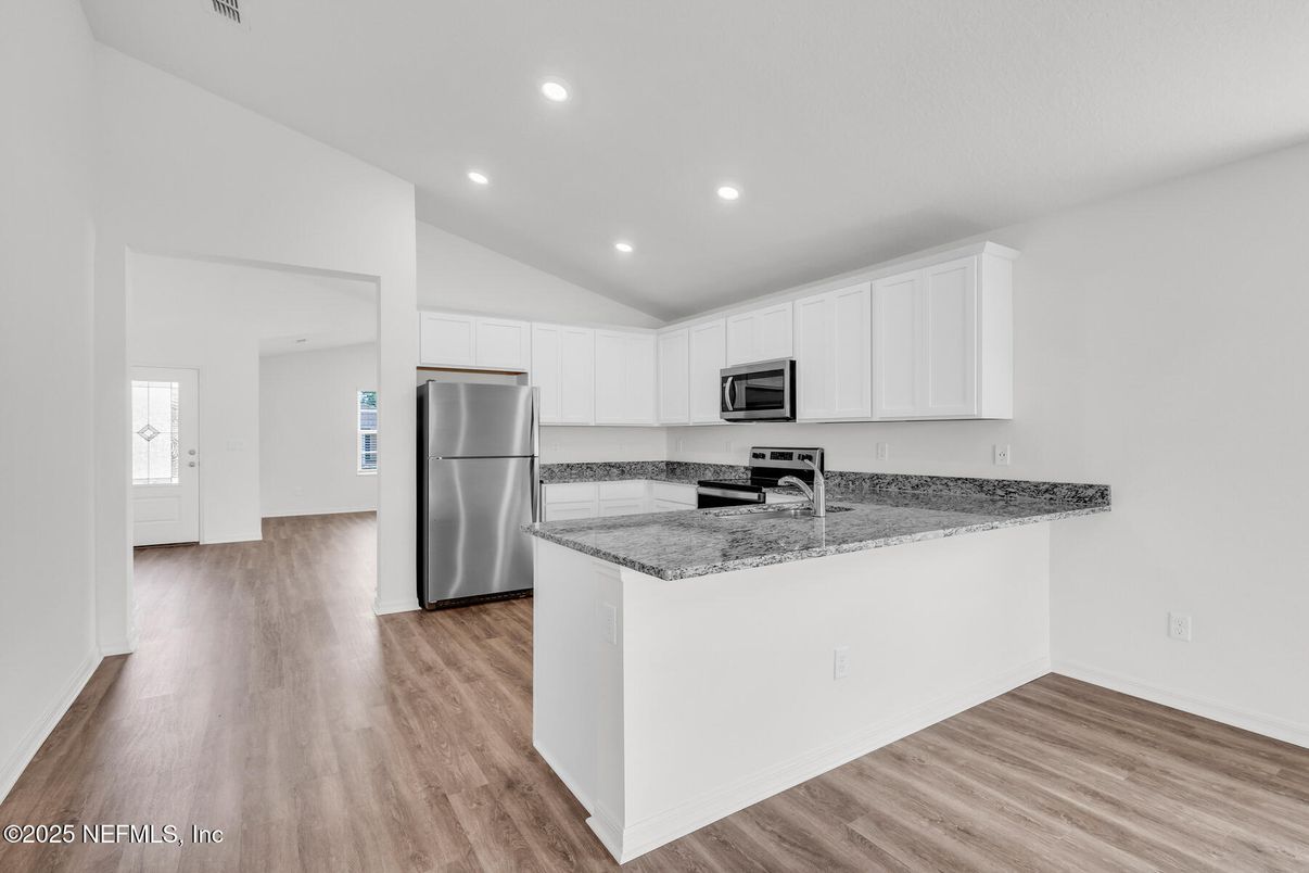 Interior, Kitchen, Recessed Lighting, Stainless Steel Appliances, Wood Texture Flooring