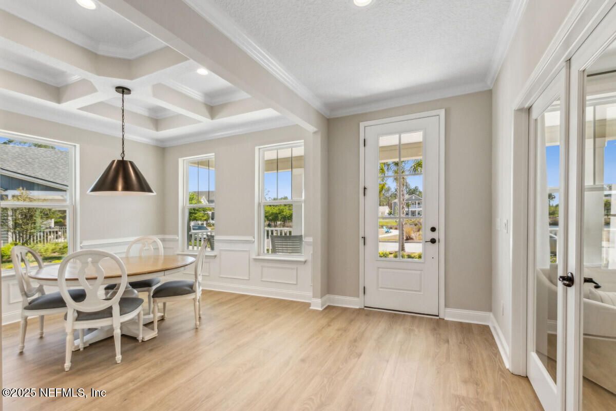 Dining room, Interior, Pendant Lights, Recessed Lighting, Wood Texture Flooring