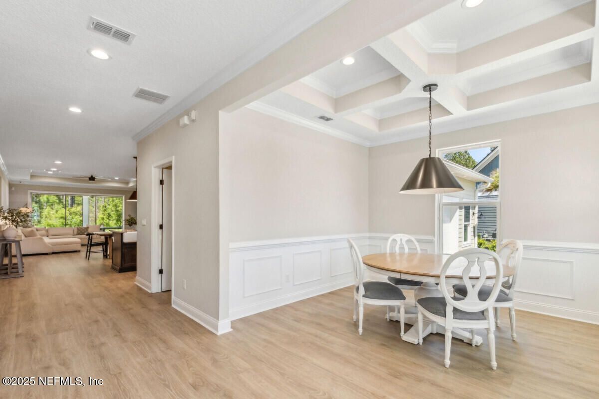 Dining room, Interior, Pendant Lights, Recessed Lighting, Wood Texture Flooring