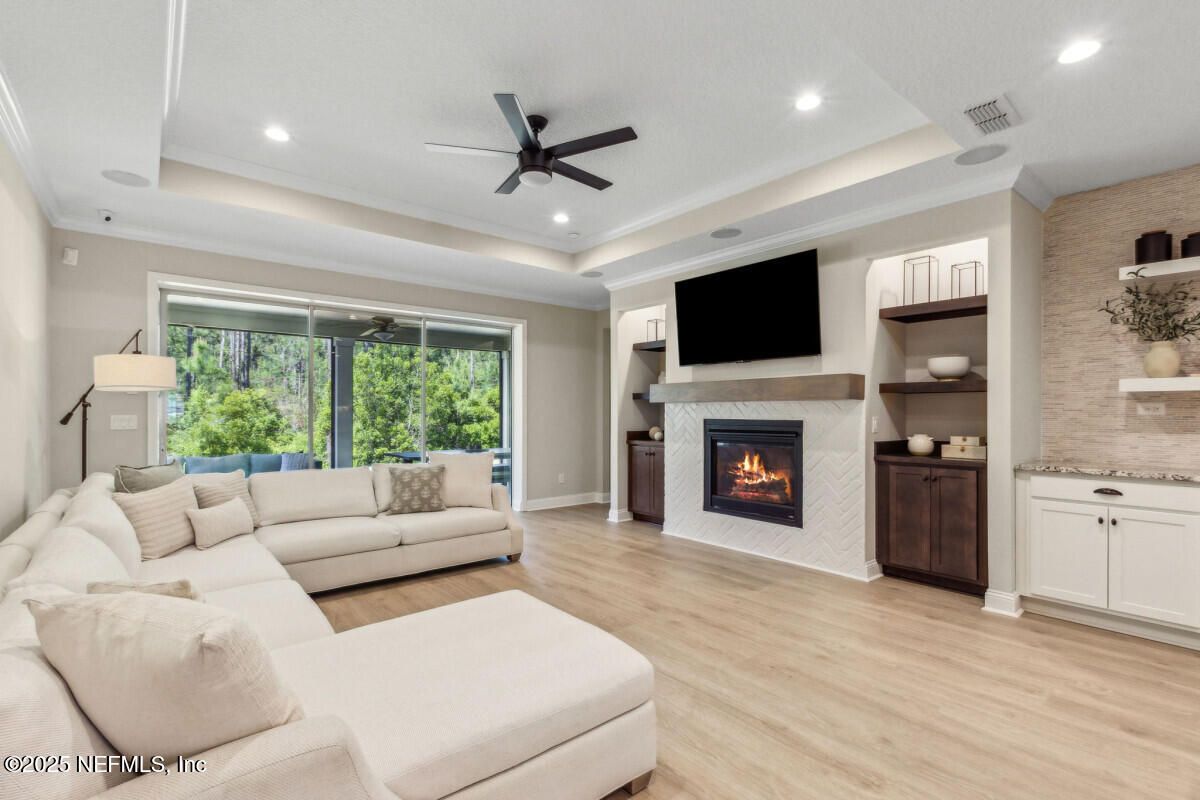 Fireplace, Interior, Living room, Recessed Lighting, Wood Texture Flooring