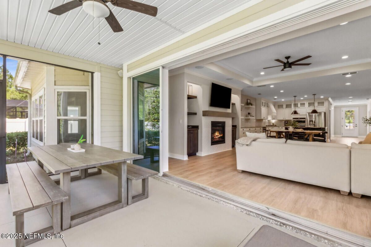 Dining room, Fireplace, Interior, Kitchen, Living room, Pendant Lights, Recessed Lighting, Wood Texture Flooring