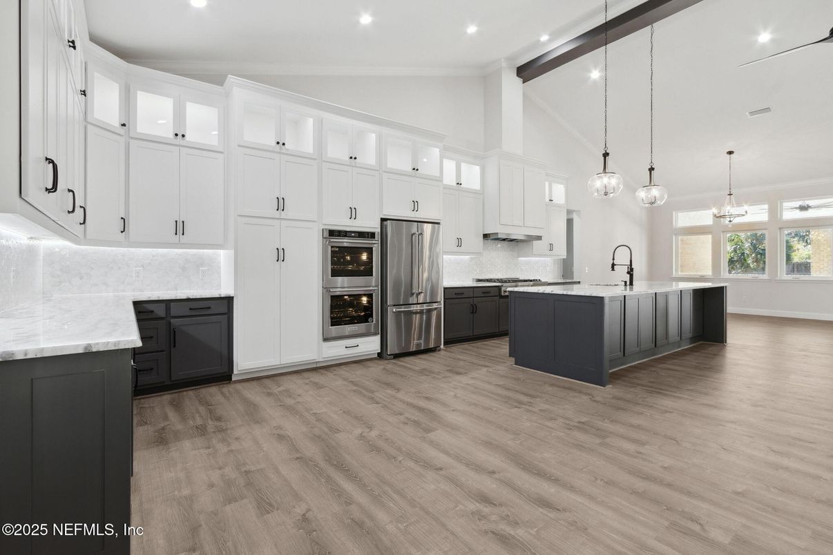 Interior, Kitchen, Pendant Lights, Recessed Lighting, Stainless Steel Appliances, Wooden Beams, Wood Texture Flooring