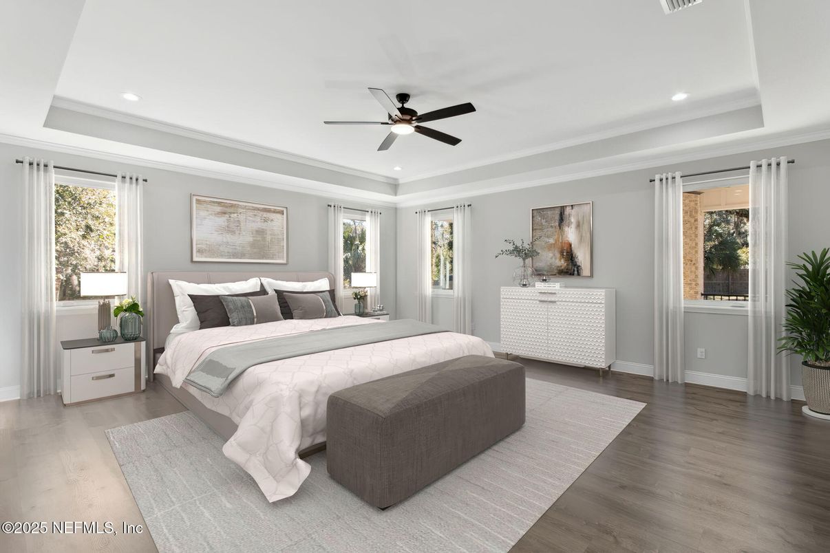 Bedroom, Interior, Recessed Lighting, Wood Texture Flooring