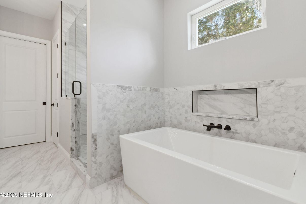 Bathroom, Free Standing Baths, Glass Shower, Interior, Marble, Marble Walls