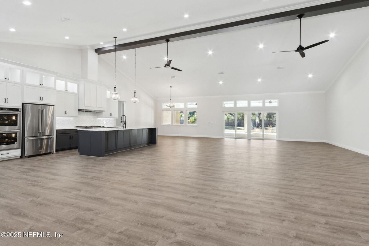 Interior, Kitchen, Pendant Lights, Recessed Lighting, Stainless Steel Appliances, Wooden Beams, Wood Texture Flooring