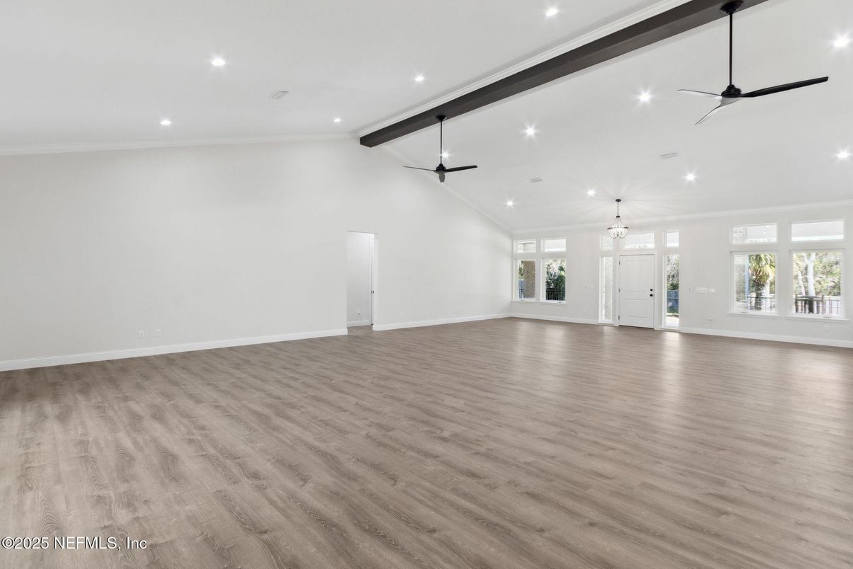 Empty room, Interior, Pendant Lights, Recessed Lighting, Wooden Beams, Wood Texture Flooring