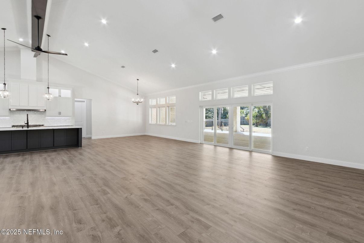 Chandelier, Empty room, Interior, Kitchen, Pendant Lights, Recessed Lighting, Wood Texture Flooring