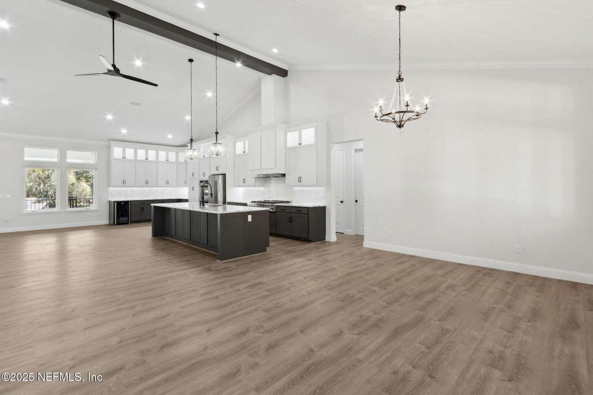 Chandelier, Interior, Kitchen, Pendant Lights, Recessed Lighting, Wooden Beams, Wood Texture Flooring