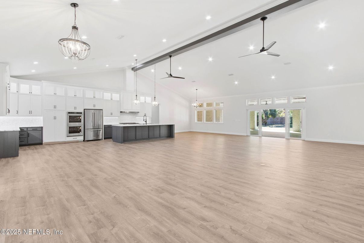 Chandelier, Interior, Kitchen, Pendant Lights, Recessed Lighting, Stainless Steel Appliances, Wood Texture Flooring