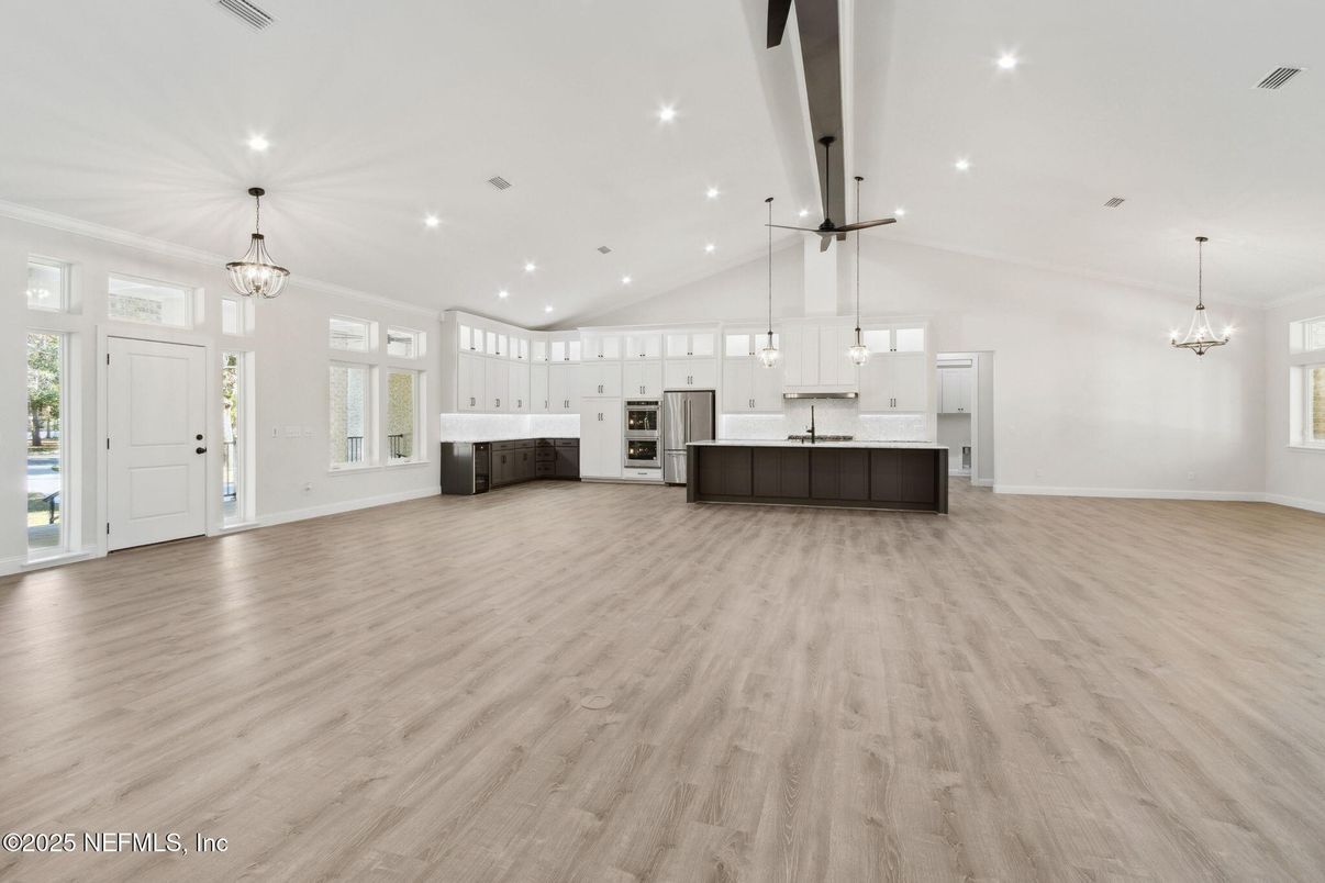Chandelier, Interior, Kitchen, Pendant Lights, Recessed Lighting, Stainless Steel Appliances, Wood Texture Flooring