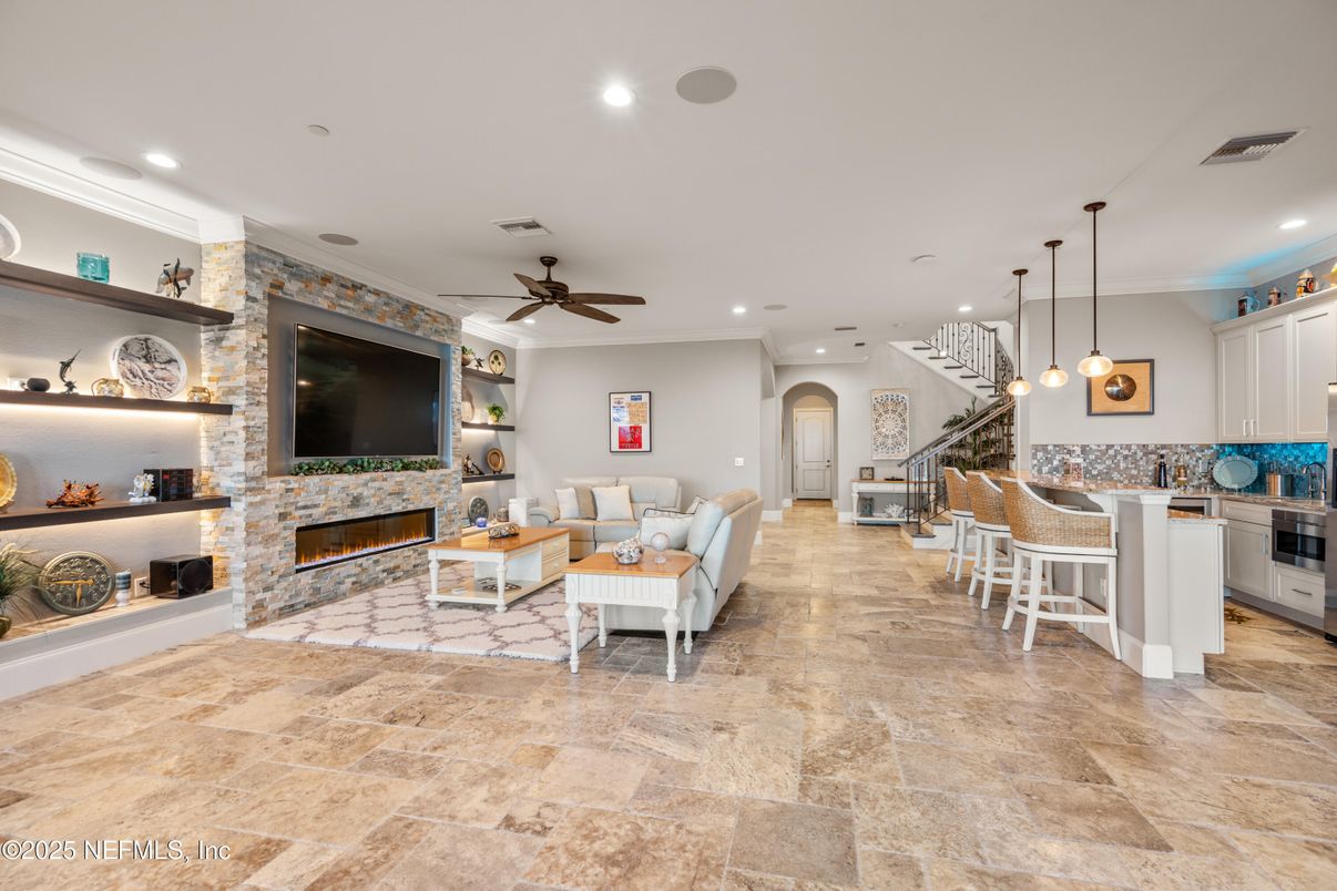 Dining room, Fireplace, Interior, Living room, Pendant Lights, Recessed Lighting, Stone Walls