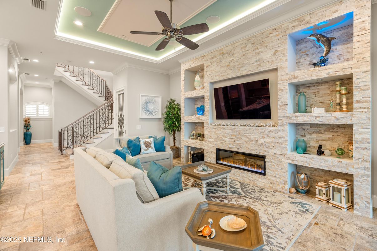 Fireplace, Interior, Living room, Recessed Lighting, Stone Walls