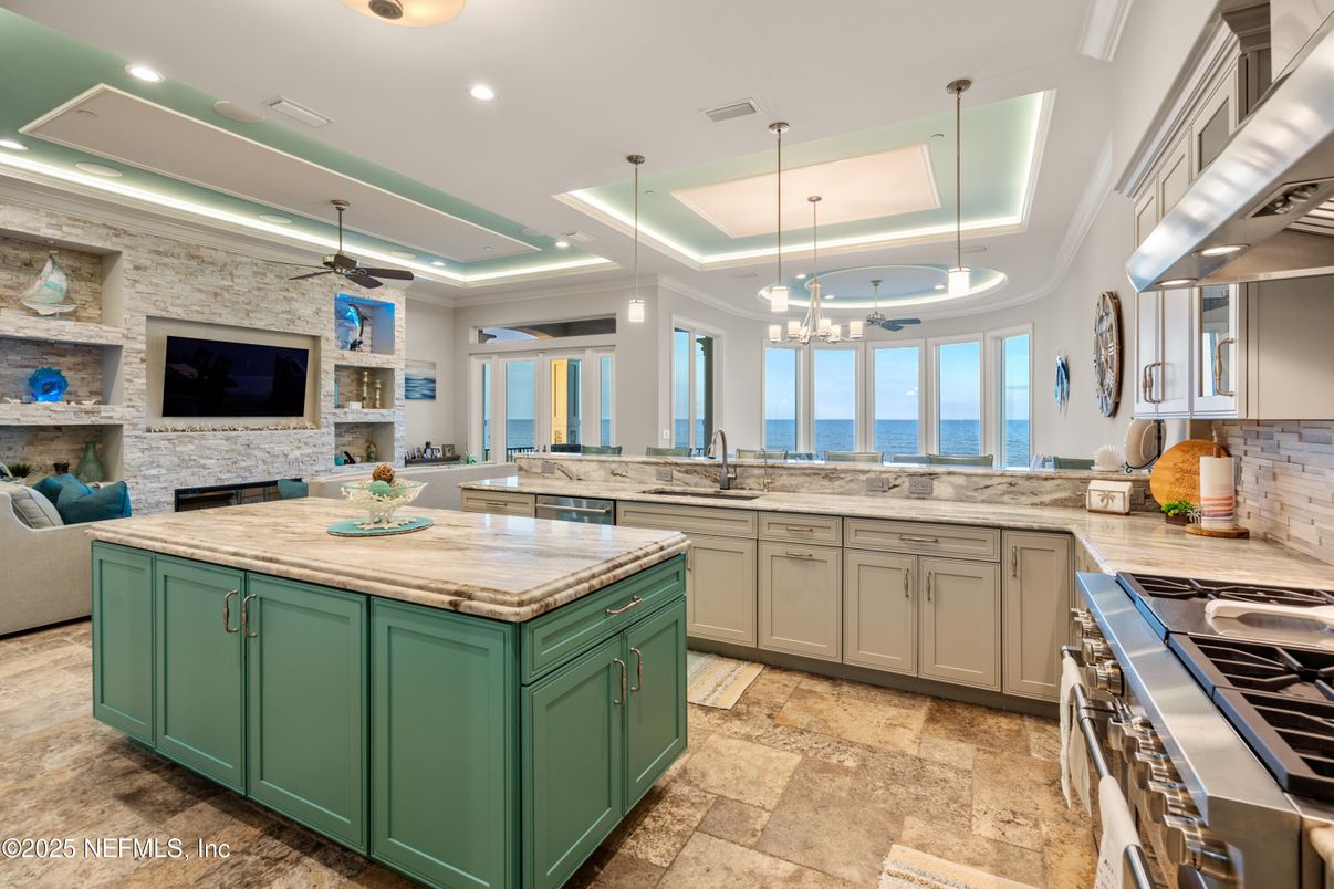 Interior, Kitchen, Living room, Pendant Lights, Recessed Lighting, Stainless Steel Appliances, Stone Walls, Water