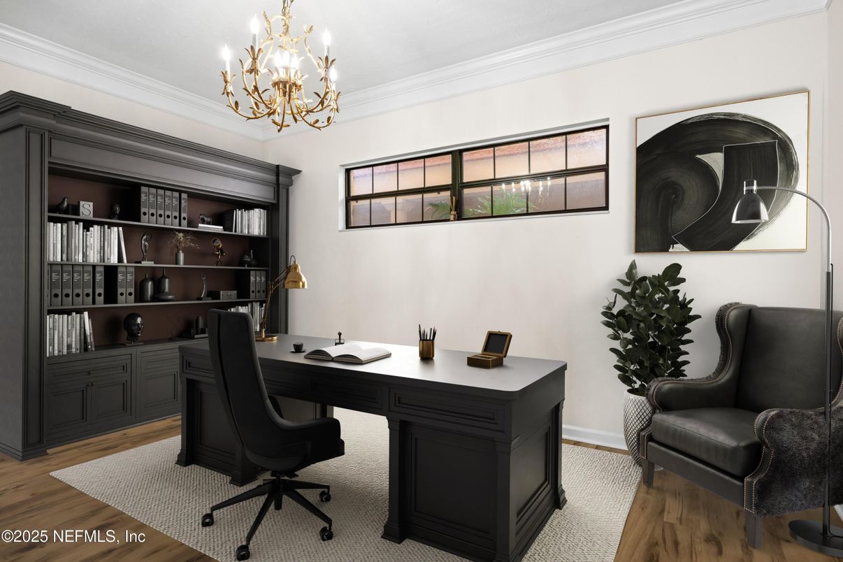 Chandelier, Home Office, Interior, Wood Texture Flooring