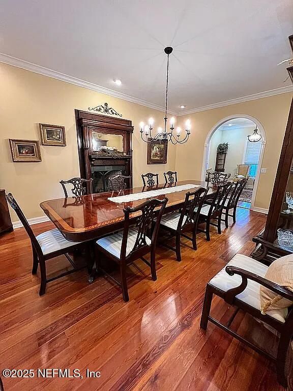 Chandelier, Dining room, Fireplace, Interior, Recessed Lighting, Wood Texture Flooring