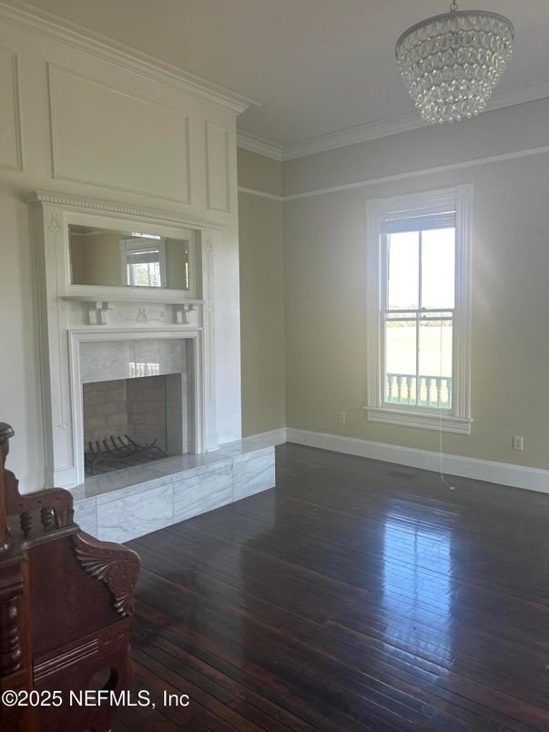 Chandelier, Empty room, Fireplace, Interior, Wood Texture Flooring