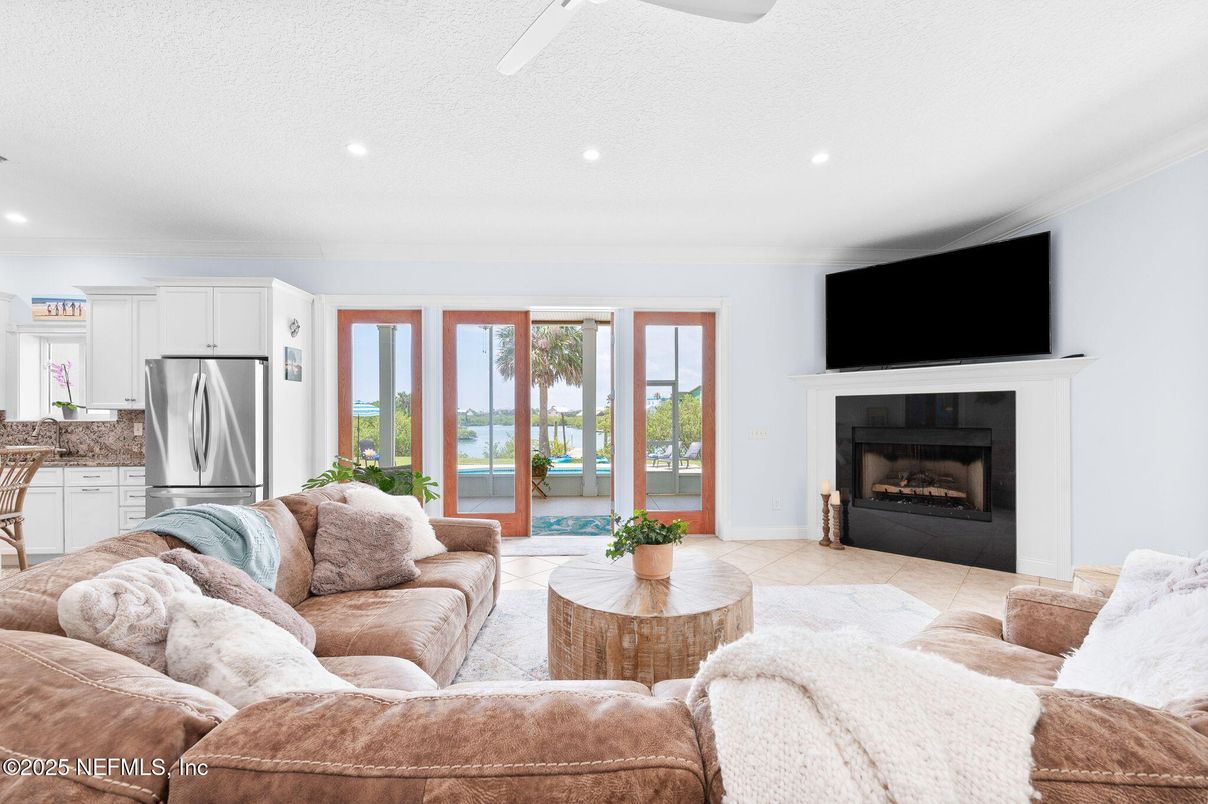 Fireplace, Interior, Kitchen, Living room, Recessed Lighting