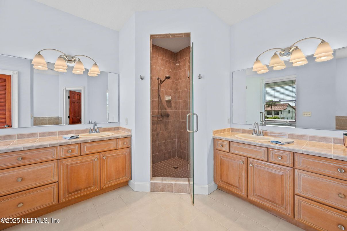 Bathroom, Dual Sink Vanities, Glass Shower, Interior, Tile Countertops