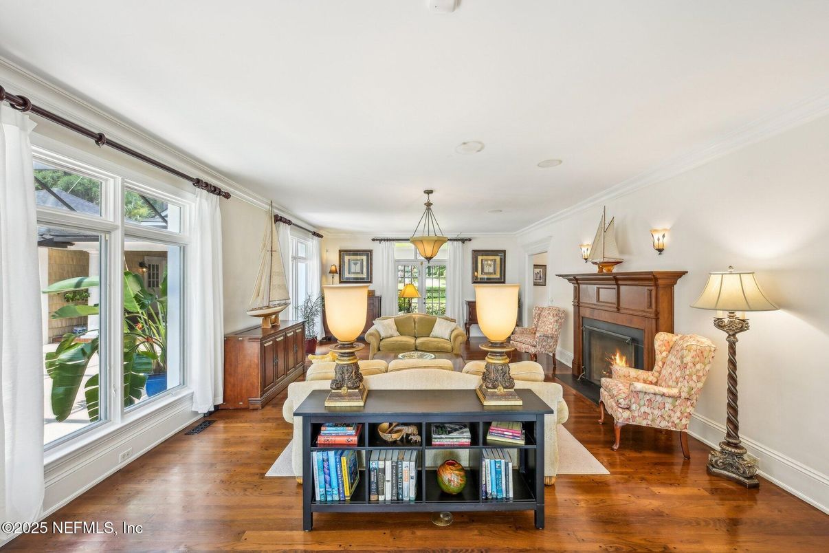 Fireplace, Interior, Living room, Pendant Lights, Wood Texture Flooring