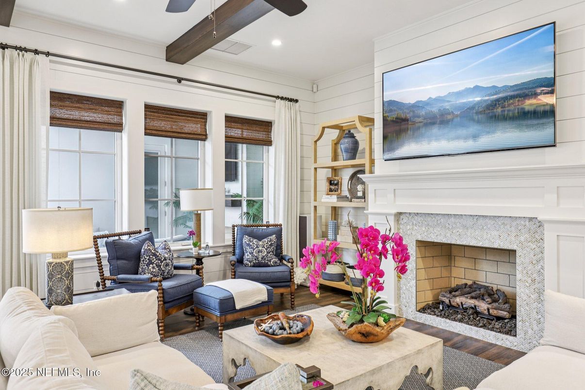 Fireplace, Interior, Living room, Recessed Lighting, Wooden Beams, Wood Texture Flooring