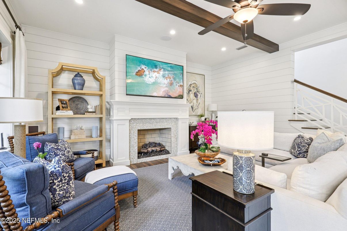 Fireplace, Interior, Living room, Recessed Lighting, Wooden Beams