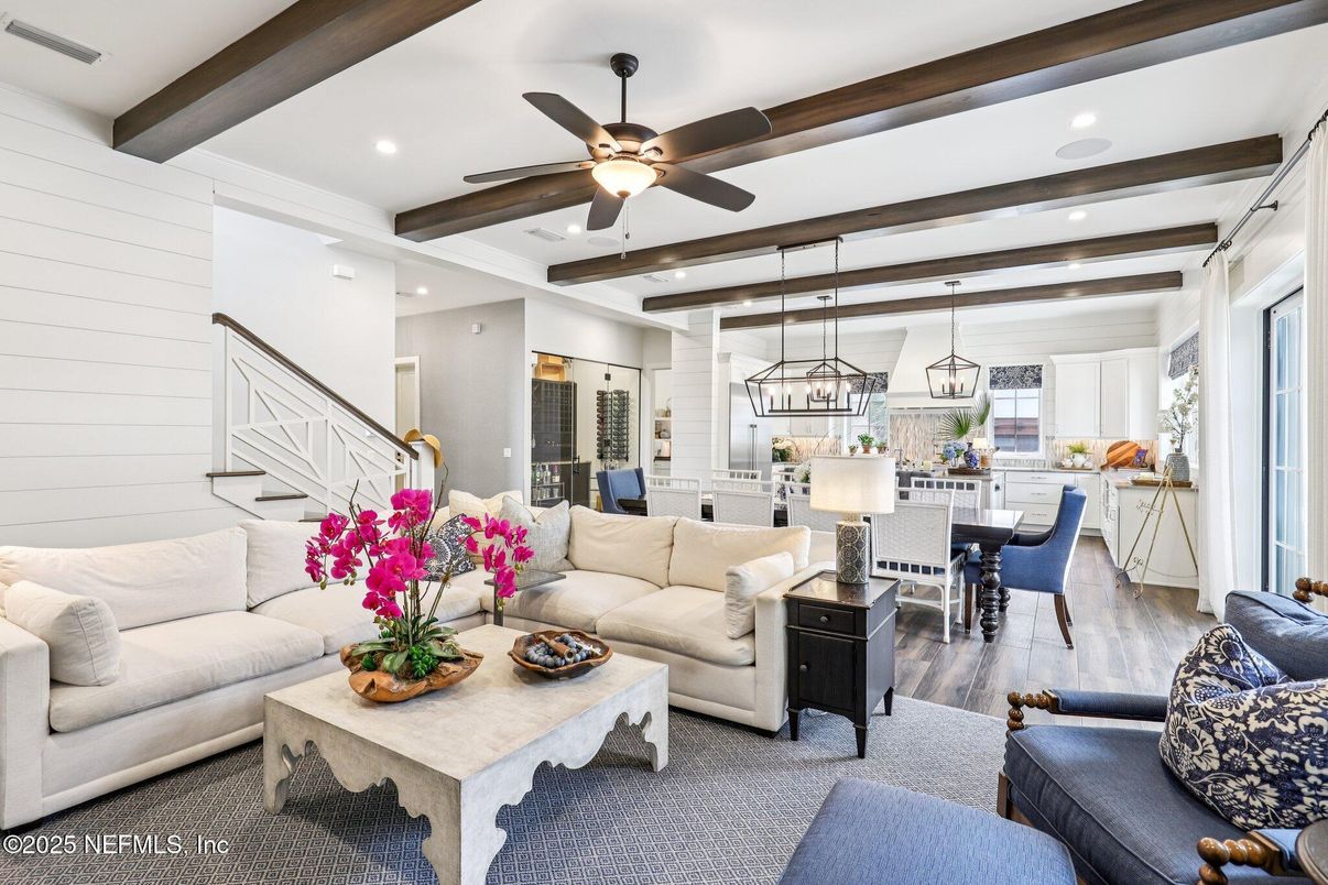 Dining room, Interior, Living room, Pendant Lights, Recessed Lighting, Wooden Beams, Wood Texture Flooring